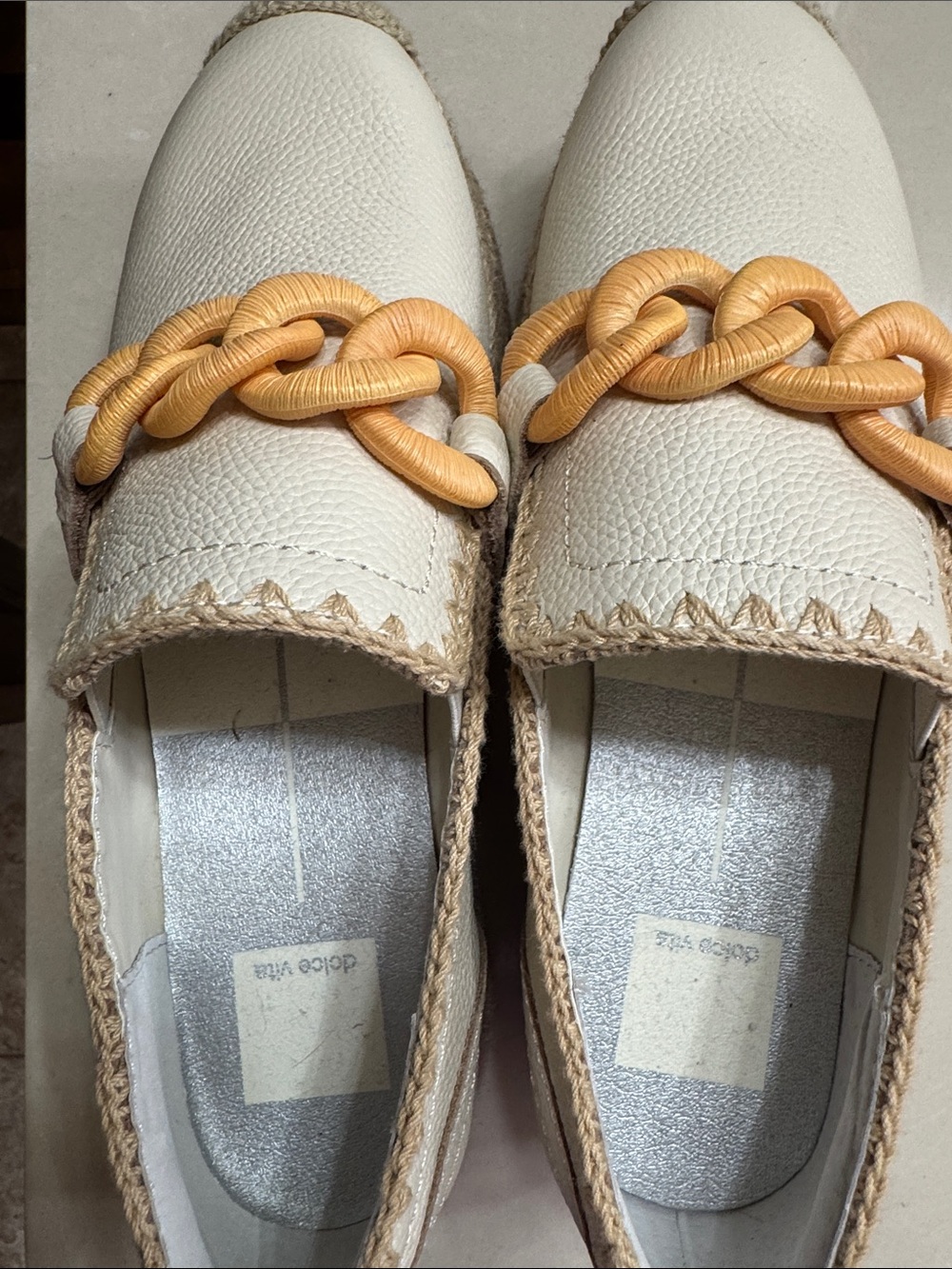 Dolce Vita Cream Slip-On Loafers with Tan Chain Accent